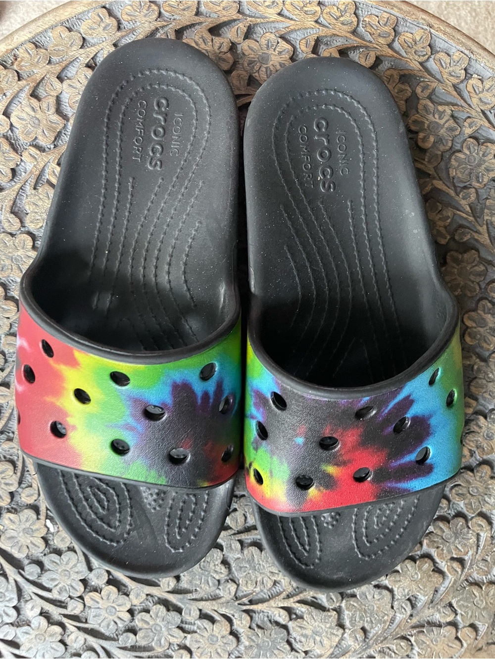 CROCS Women Tie-Dye, zebra, black, and lime green Slide Sandals